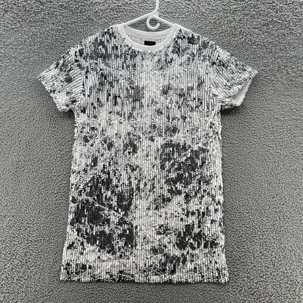 Sen Collection Dress Large White Gray Geo Sequin Party T Shirt Mini Shift